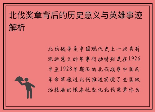 北伐奖章背后的历史意义与英雄事迹解析