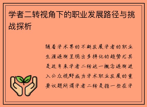 学者二转视角下的职业发展路径与挑战探析